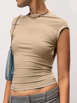 Women's Solid Color Crew Neck Open Back Crop T-shirt