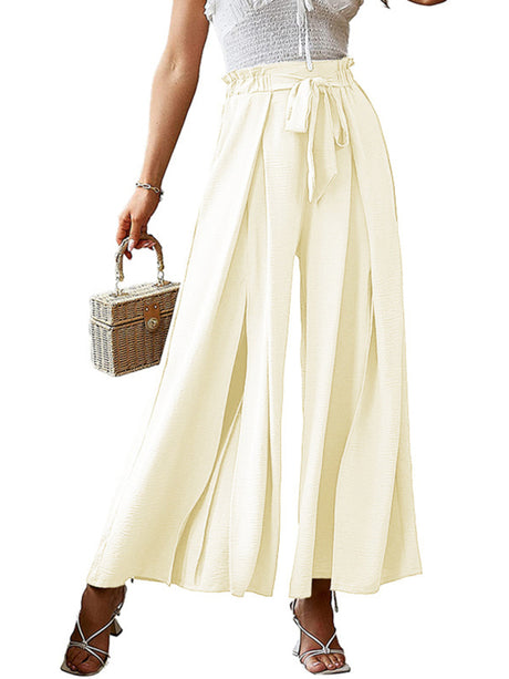 New bow loose high waist pleated wide leg pants with belt pants