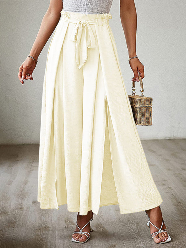 New bow loose high waist pleated wide leg pants with belt pants
