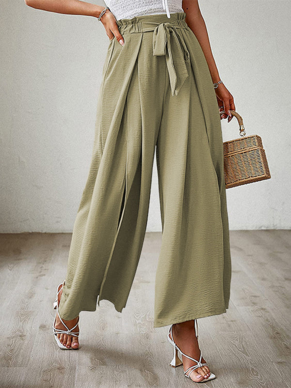 New bow loose high waist pleated wide leg pants with belt pants