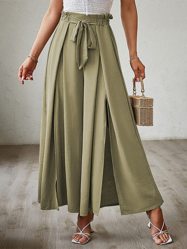 New bow loose high waist pleated wide leg pants with belt pants