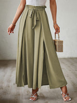 New bow loose high waist pleated wide leg pants with belt pants