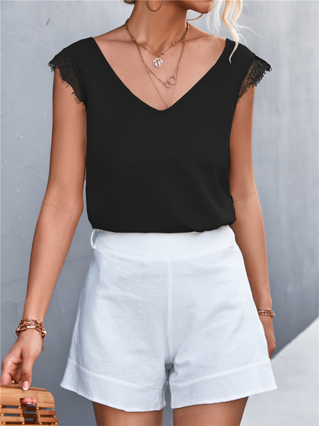Women's Solid Color V-neck Lace Trim Top