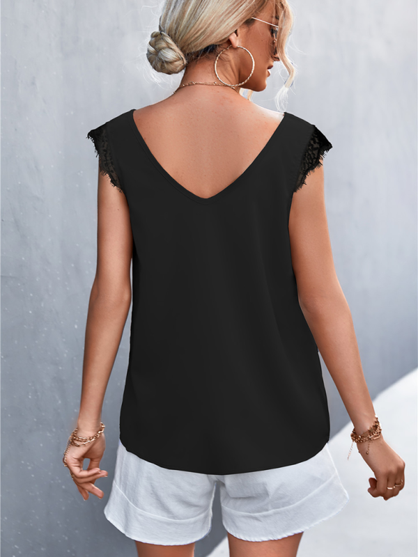 Women's Solid Color V-neck Lace Trim Top