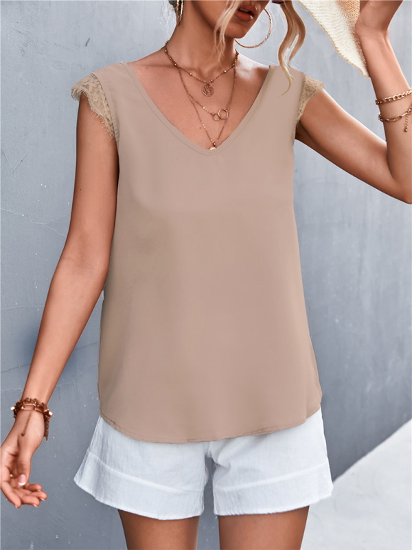 Women's Solid Color V-neck Lace Trim Top