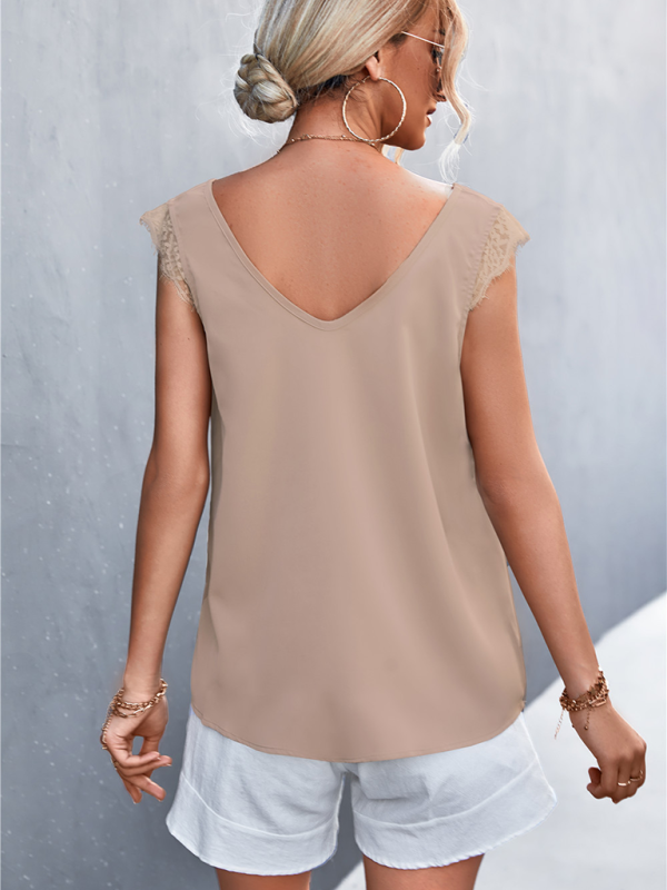 Women's Solid Color V-neck Lace Trim Top