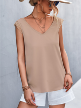 Women's Solid Color V-neck Lace Trim Top