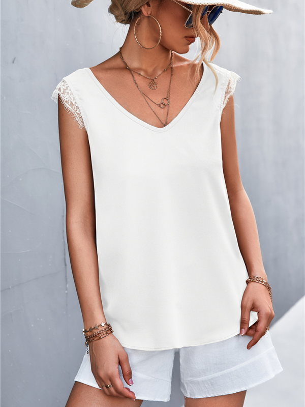 Women's Solid Color V-neck Lace Trim Top