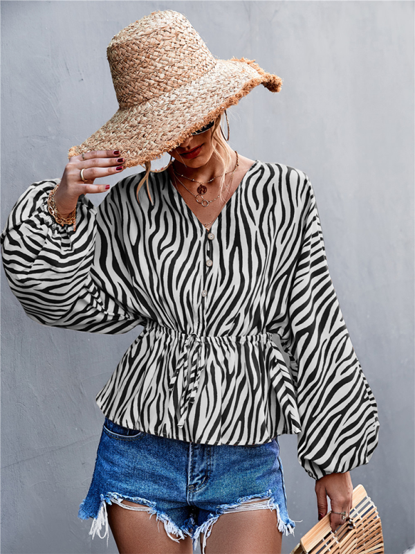 Women's Zebra Print Button-front V-neck Long-sleeve Blouse