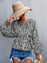 Women's Zebra Print Button-front V-neck Long-sleeve Blouse