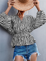 Women's Zebra Print Button-front V-neck Long-sleeve Blouse