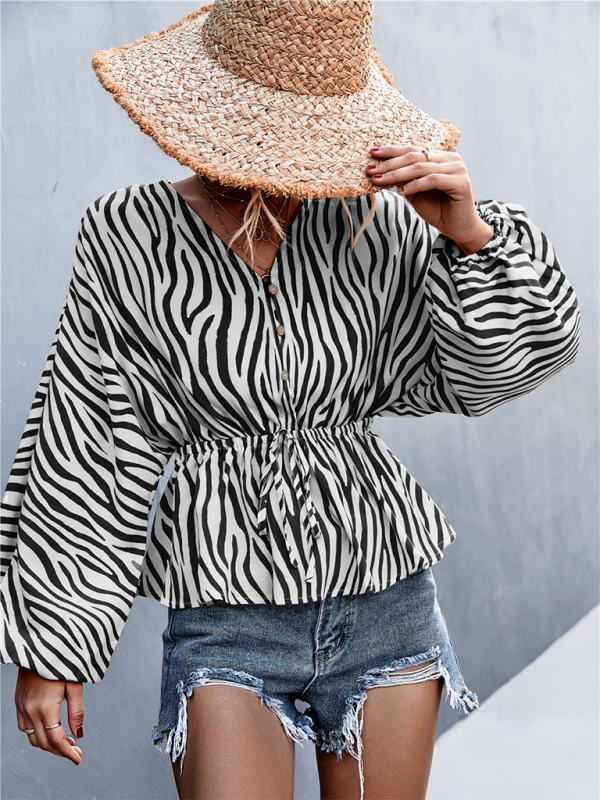 Women's Zebra Print Button-front V-neck Long-sleeve Blouse