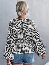Women's Zebra Print Button-front V-neck Long-sleeve Blouse