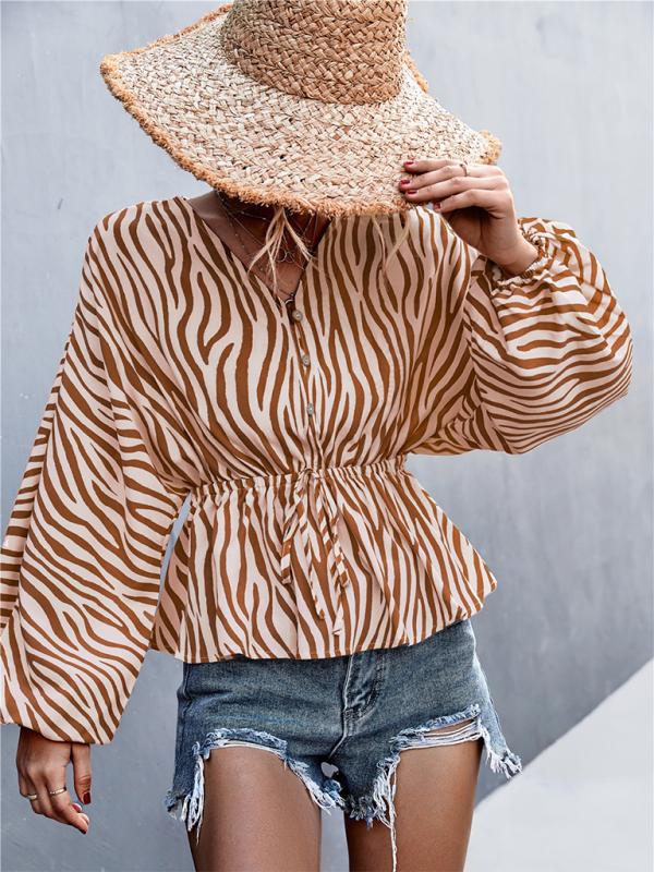 Women's Zebra Print Button-front V-neck Long-sleeve Blouse
