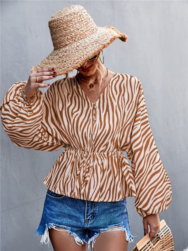 Women's Zebra Print Button-front V-neck Long-sleeve Blouse