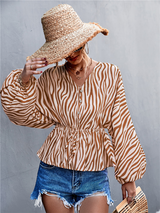 Women's Zebra Print Button-front V-neck Long-sleeve Blouse