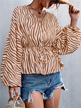 Women's Zebra Print Button-front V-neck Long-sleeve Blouse