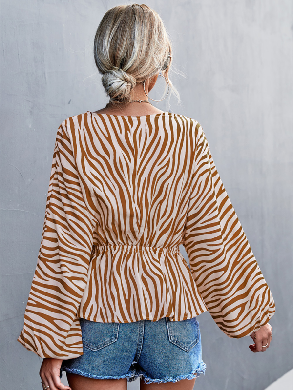Women's Zebra Print Button-front V-neck Long-sleeve Blouse