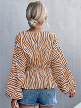 Women's Zebra Print Button-front V-neck Long-sleeve Blouse