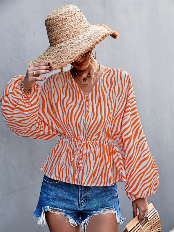 Women's Zebra Print Button-front V-neck Long-sleeve Blouse