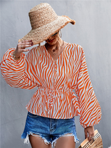 Women's Zebra Print Button-front V-neck Long-sleeve Blouse