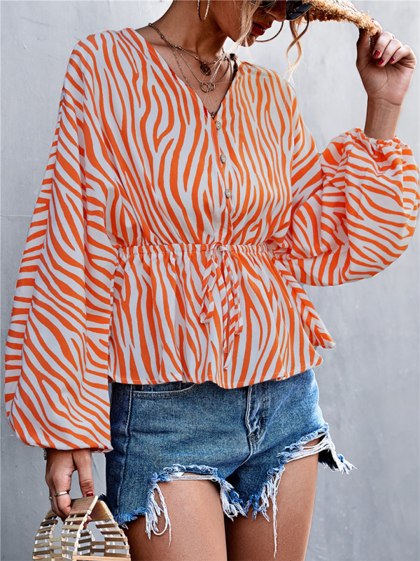 Women's Zebra Print Button-front V-neck Long-sleeve Blouse