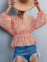Women's Zebra Print Button-front V-neck Long-sleeve Blouse