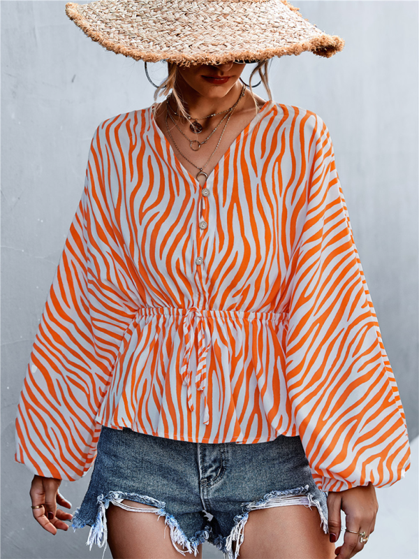 Women's Zebra Print Button-front V-neck Long-sleeve Blouse