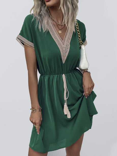Women's V-neck Waist Tie Short Sleeve Lace Trim Mini Dress