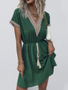 Women's V-neck Waist Tie Short Sleeve Lace Trim Mini Dress