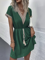 Women's V-neck Waist Tie Short Sleeve Lace Trim Mini Dress