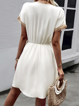 Women's V-neck Waist Tie Short Sleeve Lace Trim Mini Dress