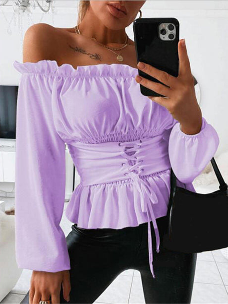 Women's Solid Color Off-the-shoulder Smocked Waist Belied Top