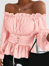 Women's Solid Color Off-the-shoulder Smocked Waist Belied Top
