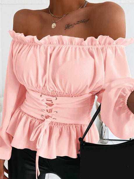 Women's Solid Color Off-the-shoulder Smocked Waist Belied Top