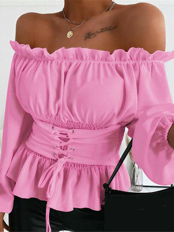 Women's Solid Color Off-the-shoulder Smocked Waist Belied Top