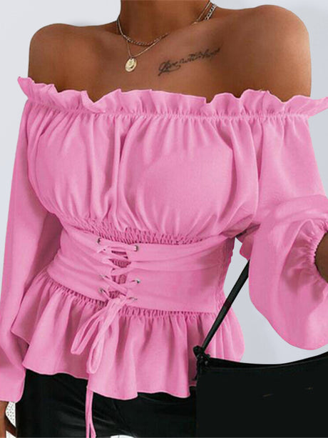 Women's Solid Color Off-the-shoulder Smocked Waist Belied Top