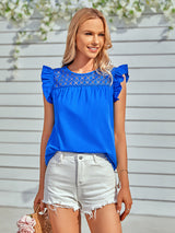 Women's Solid Color Mixed Lace Trim Ruffle Sleeve Top