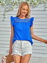 Women's Solid Color Mixed Lace Trim Ruffle Sleeve Top