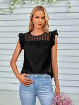 Women's Solid Color Mixed Lace Trim Ruffle Sleeve Top
