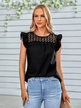 Women's Solid Color Mixed Lace Trim Ruffle Sleeve Top