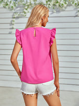 Women's Solid Color Mixed Lace Trim Ruffle Sleeve Top