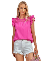 Women's Solid Color Mixed Lace Trim Ruffle Sleeve Top