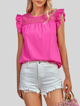 Women's Solid Color Mixed Lace Trim Ruffle Sleeve Top