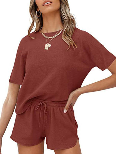 Women's Short Sleeve Loungewear Solid Color Casual Waffle Two-Piece Set