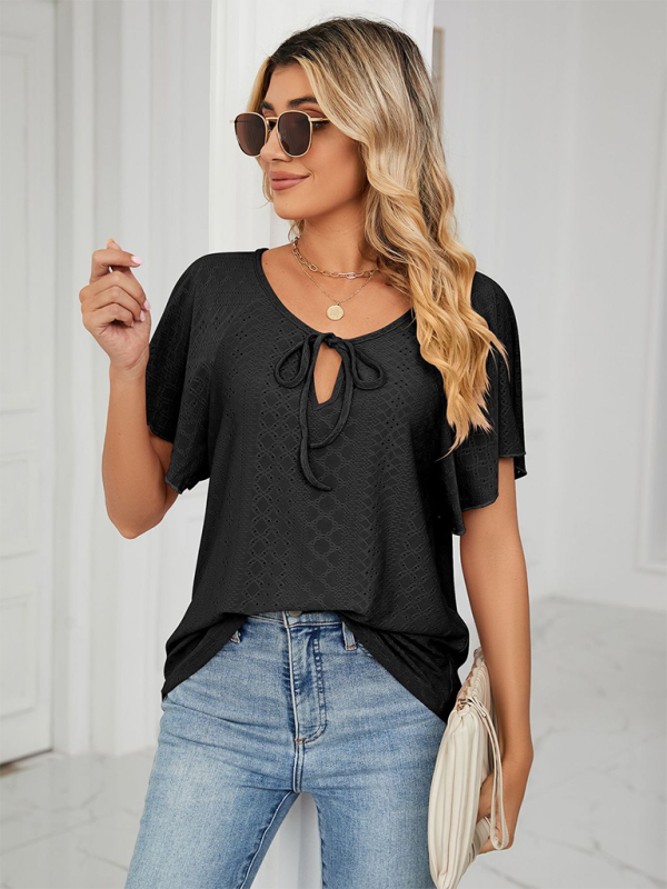 Women's Solid Color Flutter-sleeve Tie-neck Top