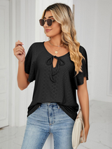Women's Solid Color Flutter-sleeve Tie-neck Top