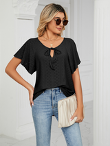 Women's Solid Color Flutter-sleeve Tie-neck Top