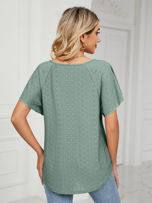 Women's Solid Color Flutter-sleeve Tie-neck Top