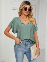 Women's Solid Color Flutter-sleeve Tie-neck Top